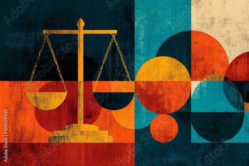 Abstract representation of justice balanced with vibrant colors and shapes in a visually striking composition