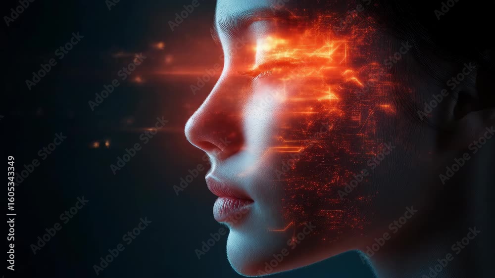 Close-up profile of a woman's face with glowing circuitry patterns Close-up profile of a woman's face with glowing circuitry patterns