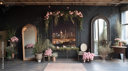 Stylish room with city view and pink flowers