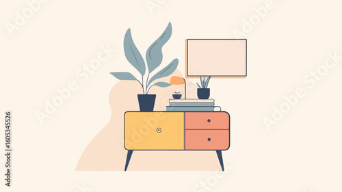 Modern Bedside Table with Green Plant Cartoon Vector Illustration