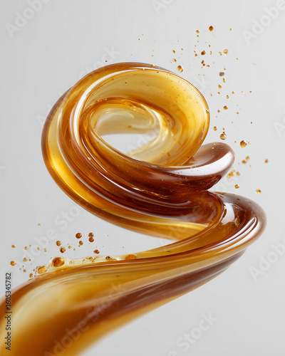 Minimalistic photo of elegant spiral twist of golden syrup with floating droplets and glossy surface, isolated on soft light background	