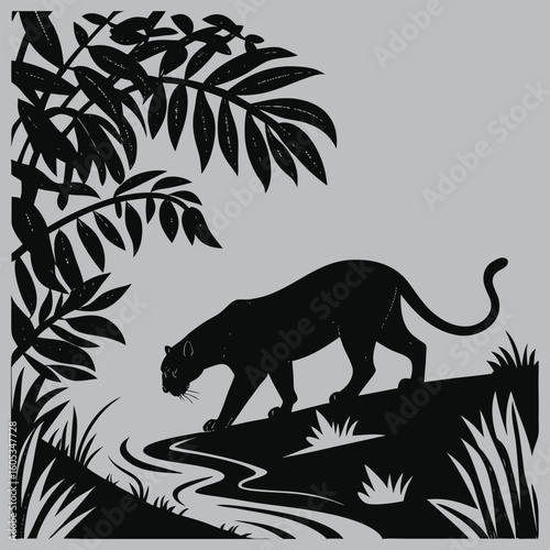 Leopard drinking water from jungle stream silhouette vector design art and illustration