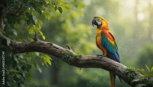 Vibrant macaw bird perched on weathered tree branch. Rich green foliage, soft light create tropical rainforest atmosphere. Features striking blue, yellow, red plumage. Close-up portrait of exotic