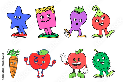 Playful Retro Cartoon Fruit and Vegetable Characters: Vibrant, Fun, and Expressive Illustrations