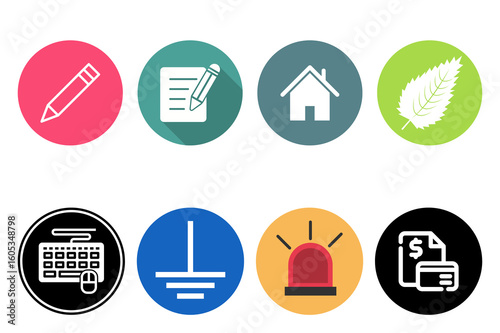 Flat Design Icons: Home, Pencil, Checklist, Leaf, Ground, Alarm;  Modern Minimalist Style; Informative and Clean.