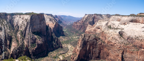 Panoramic view from Observation Point overlooks Zion Canyon’s massive cliffs and deep valley floor, with snowy rock layers visible, June 5, 2021, Zion, UT