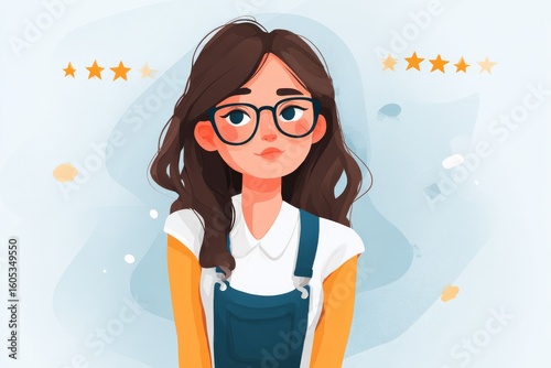 Young woman with glasses and curly hair expressing curiosity in a colorful setting