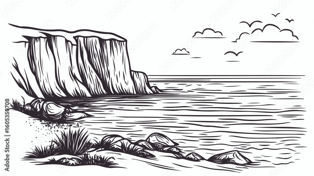 Obraz premium Picturesque Coast Vector Illustration with Cliffs and Rocks for Creative Projects