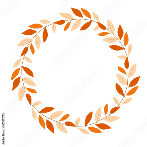 Round wreath made of yellow and orange autumn branches and leaves. Vector illustration on a white background with space for text. Perfect for seasonal cards and designs