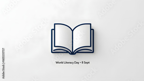 A sleek, professional, and minimalist graphic design featuring a single, bold, open book icon centered on a pure white background, crafted in a flat vector art style with a thin, navy blue outline