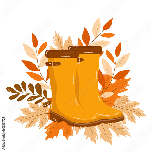Yellow autumn rubber boots surrounded by colorful fall leaves in shades of yellow, orange, and brown. Vector illustration on white background. Seasonal autumn concept