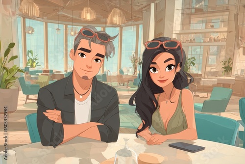 Young couple enjoying time at a modern cafe with stylish decor during a sunny afternoon in a bustling city