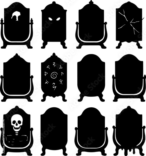 Collection of twelve antique and ornate gothic mirrors silhouetted against a white background each with unique decorative elements and frames