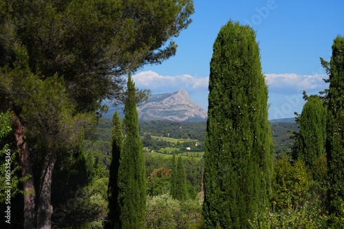 View of the Montagne Sainte-Victoire, a limestone cliff mountain painted by Paul Cezanne in Aix-en-Provence in southern France.