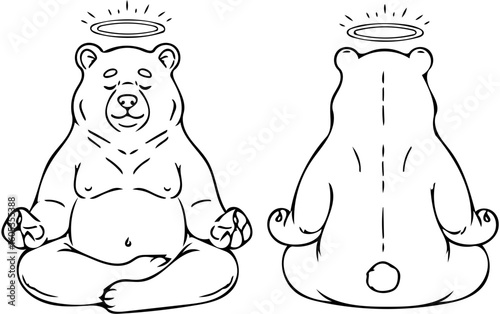 meditating bear line art, svg t-shirt design for print or apparel, dual view front and back view 