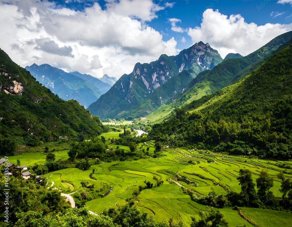 Obraz premium Scenic mountain valley with rice paddies