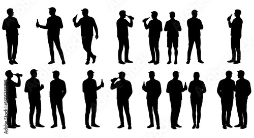 Silhouette of People Drinking Beer from Bottles in Various Poses silhouette