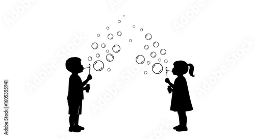 Children Blowing Bubbles Silhouette on White Background