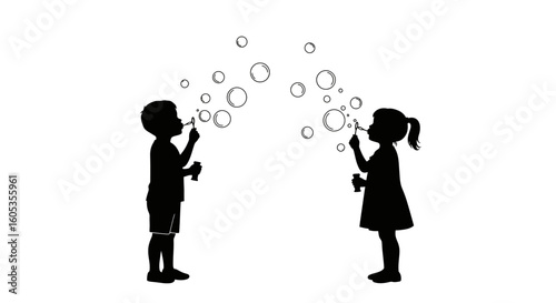 Children Blowing Bubbles Silhouette on White Background