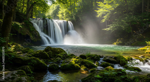 A breathtaking waterfall cascades into a clear pool, surrounded by lush green mossy rocks and sun-dappled trees