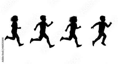 Children Running Silhouette on White Background
