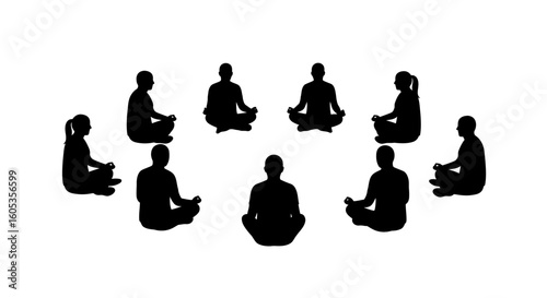 Group Meditation Silhouettes in Lotus Position on White Background silhouette
