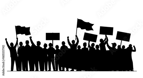 Crowd of People Protesting with Signs and Flags Silhouette