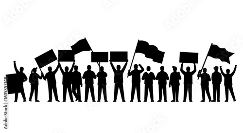 Crowd of Protesters Holding Signs and Flags in Silhouette
