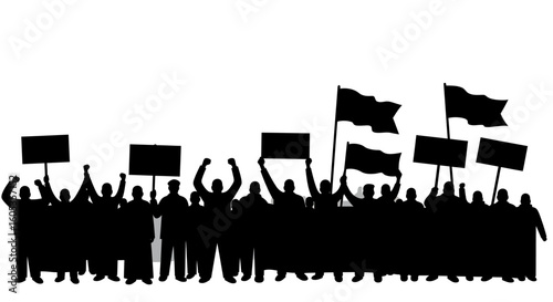 Crowd of protesters with signs and flags silhouette