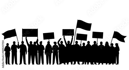 Crowd of Protesters Holding Signs and a Flag Silhouette