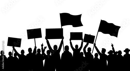 Crowd of Protesters Holding Signs and Flags Silhouette