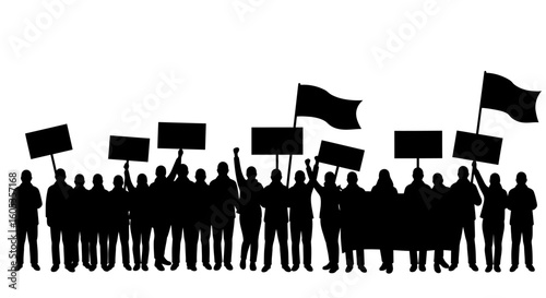 Crowd of Protesters Holding Signs and Flag Silhouette