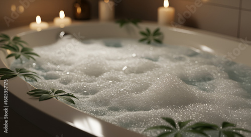 A bathtub is filled with water, soap bubbles, and plant leaves next to lit candles for a relaxing spa.