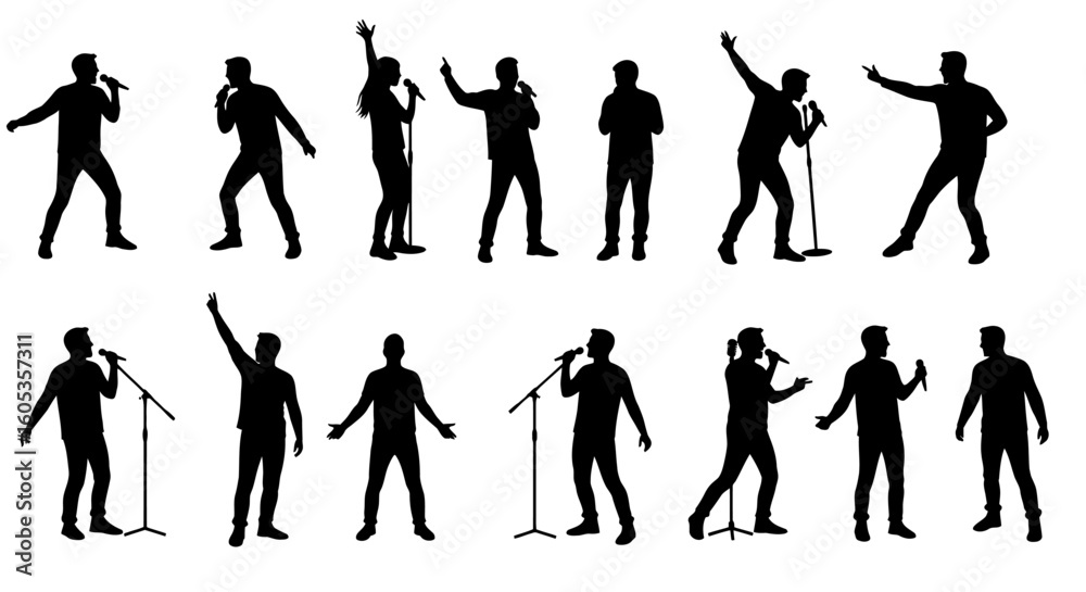 Fototapeta premium Singers and Performers Silhouettes in Various Poses on White Background silhouette