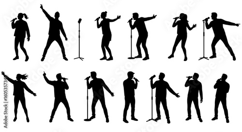 Singers with Microphones Performing on Stage Silhouette
