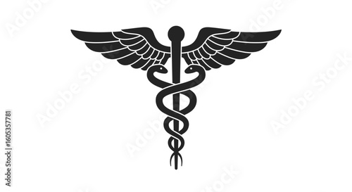 Caduceus Medical Symbol with Snakes and Wings in Silhouette
