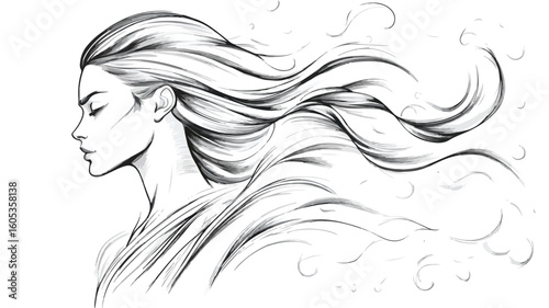Elegant Fantasy Warrior Woman in Profile Art - Simple Line Vector Illustration