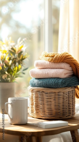 Stacked Knitted Sweaters in Wicker Basket