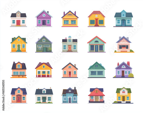 Flat vector icon set of houses, simple flat design illustration, white background, different styles and colors, 