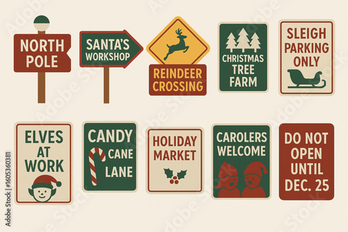 Set of Christmas Signage Icons in Flat Vector Style