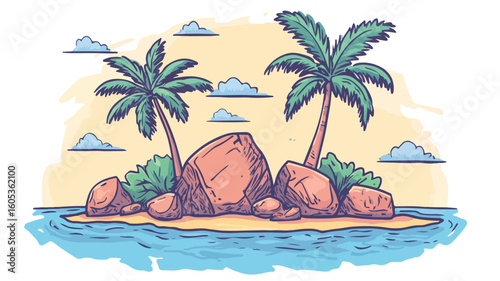 Tropical Island with Rocks and Palms in a Serene Sea