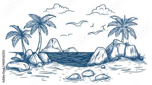 Tropical Island with Rocks and Palms in a Serene Sea