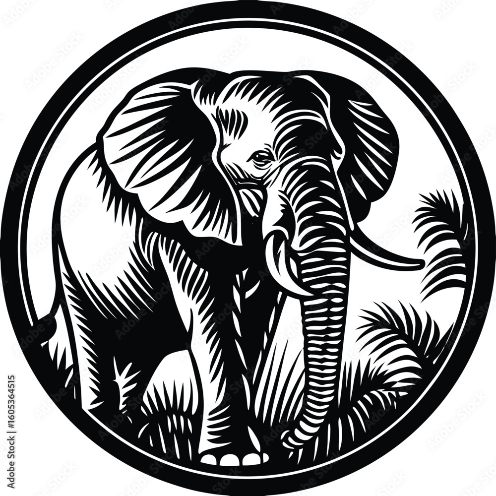Vector art of stylized black and white illustration of an elephant in a circle Vector art of stylized black and white illustration of an elephant in a circle
