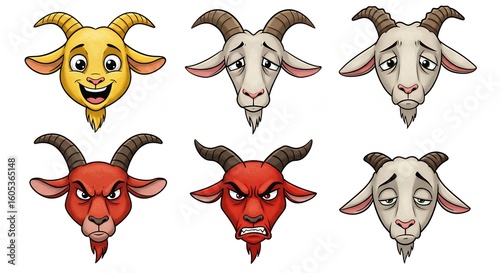 Cartoon goat heads with various expressions