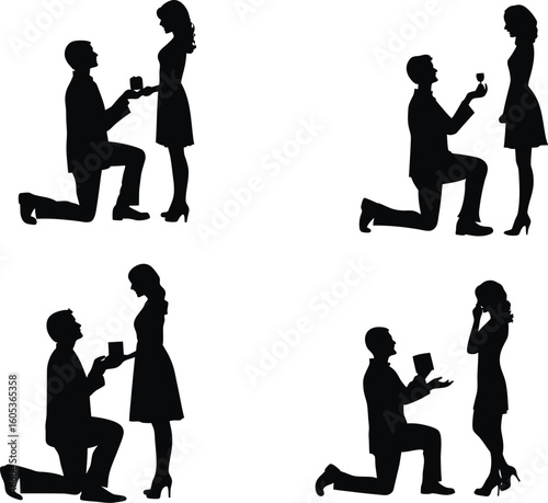 Silhouette set of man proposing to woman. Romantic man proposing marriage to woman silhouette vector on white background coupl, proposing, bride, groom, wedding, rose, ring, eps file