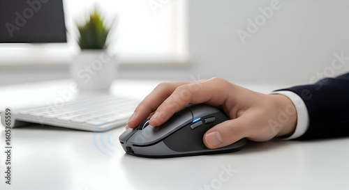 A person's hand using a gray computer mouse on a white desk with keyboard and monitor visible too