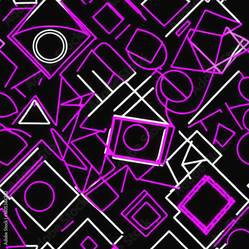 Colorful geometric shapes and patterns create dynamic visual effects on a dark background during an evening art event