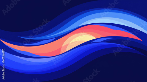 Colorful abstract design featuring flowing waves in shades of blue and playful hues of orange and pink with a circular centerpiece