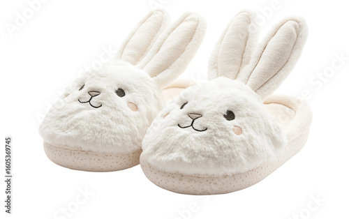 Cute bunny slippers with floppy ears and embroidered faces designed for comfort and playful charm isolated on transparent background PNG