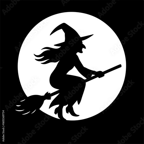Silhouette of a classic witch with a pointed hat and flowing hair riding a broomstick across a large full moon
